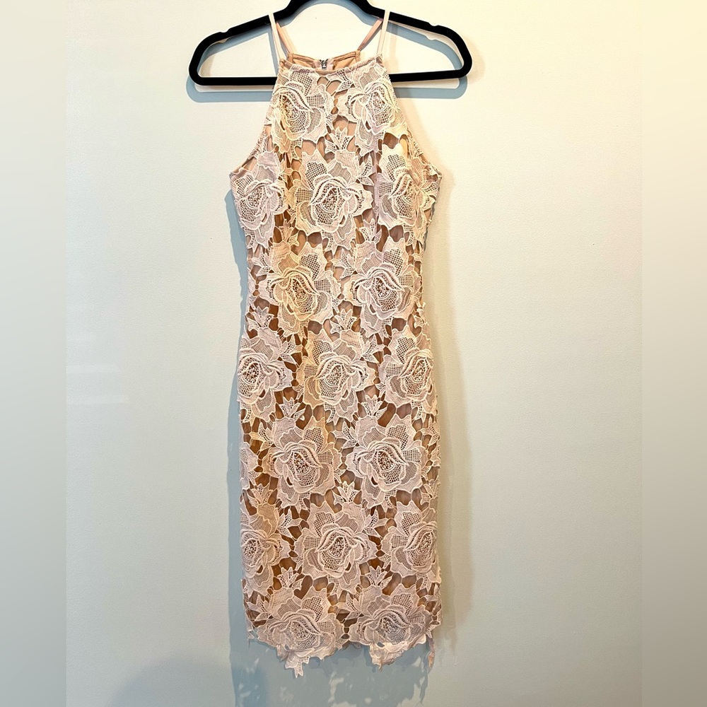 Lulus Pale Blush Pink And Nude Rose Lace Long Halter Dress With Zipper Size S